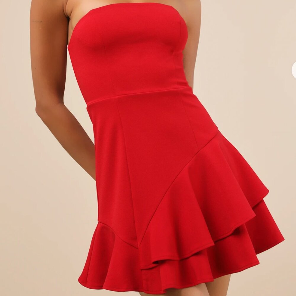 Sultry Intentions Red Strapless Ruffled Mini Dress- Lulus